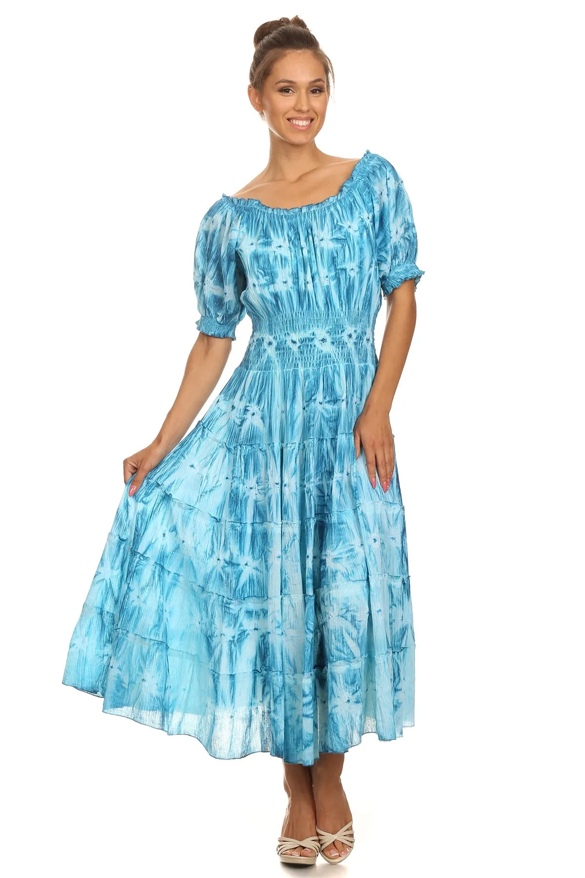 Sakkas Melissa Two Tone Dyed Tiered Smocked Waist Long Dress With Short Sleeves