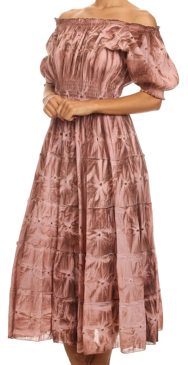 Sakkas Melissa Two Tone Dyed Tiered Smocked Waist Long Dress With Short Sleeves