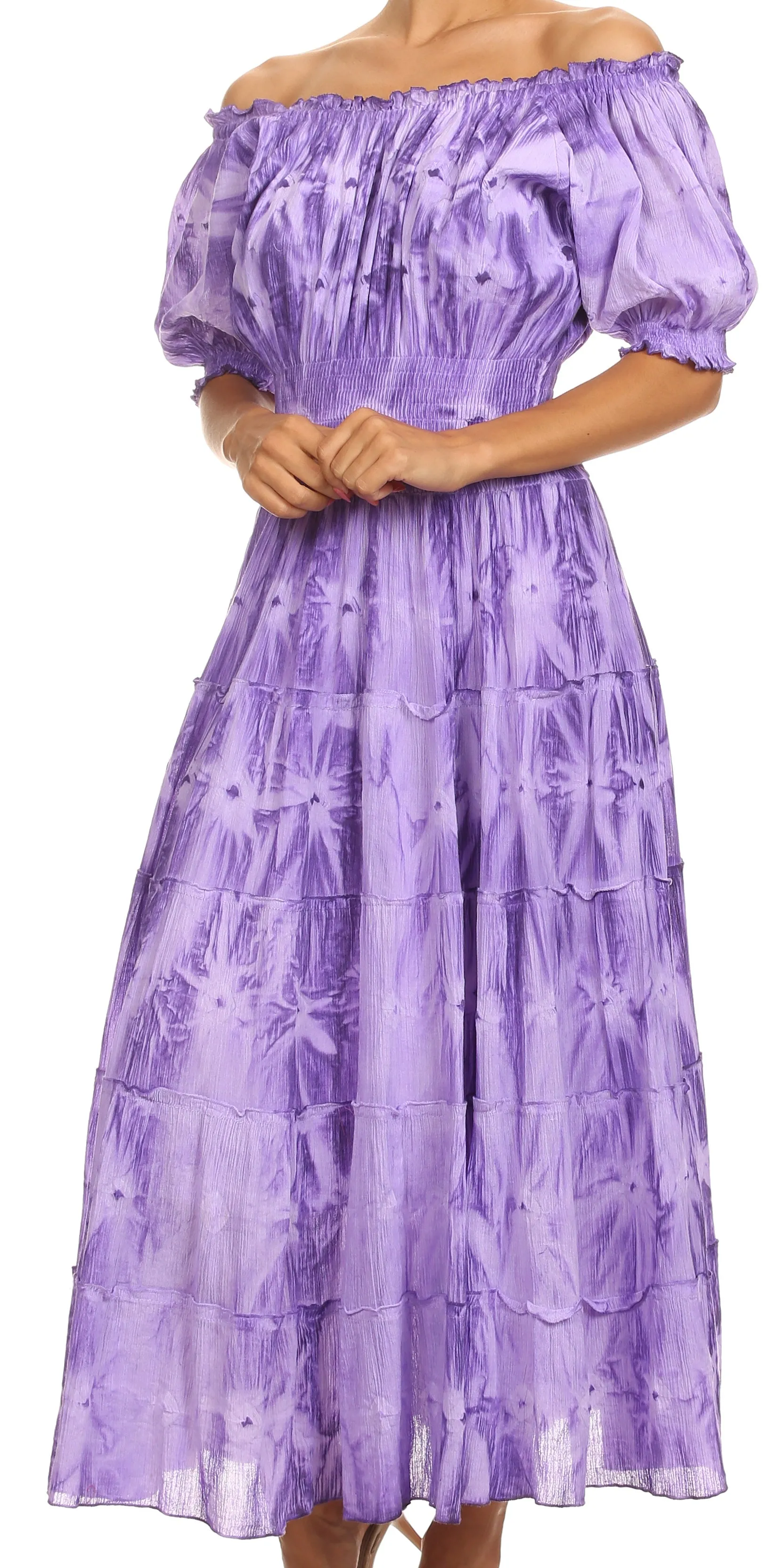 Sakkas Melissa Two Tone Dyed Tiered Smocked Waist Long Dress With Short Sleeves