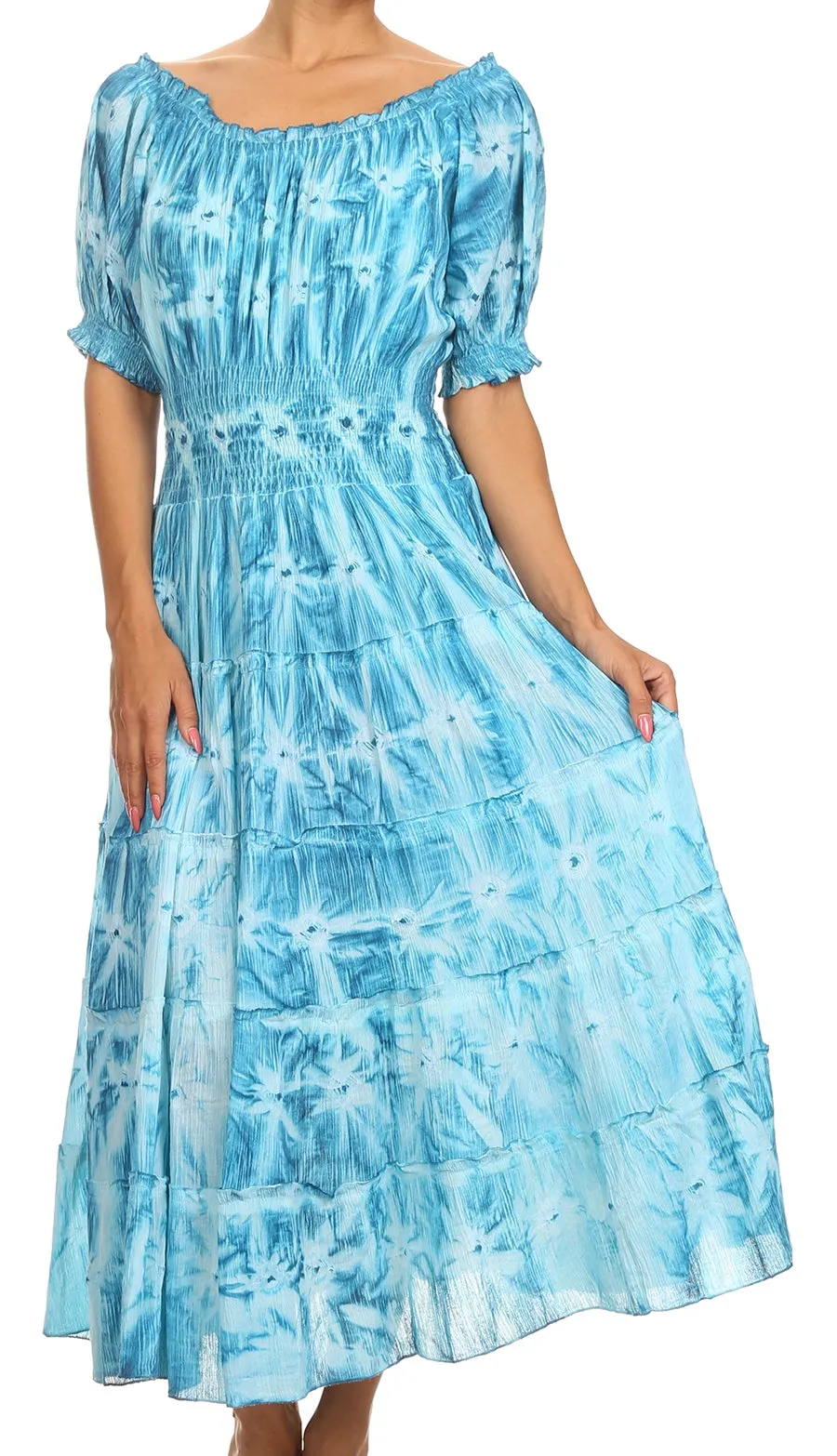 Sakkas Melissa Two Tone Dyed Tiered Smocked Waist Long Dress With Short Sleeves