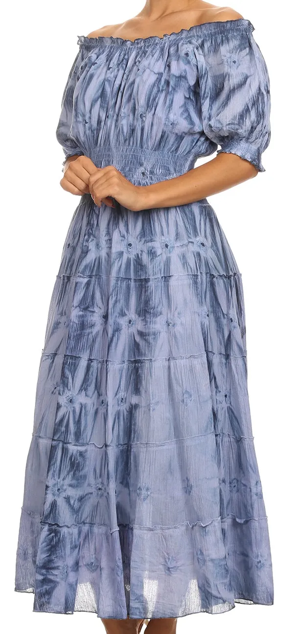 Sakkas Melissa Two Tone Dyed Tiered Smocked Waist Long Dress With Short Sleeves