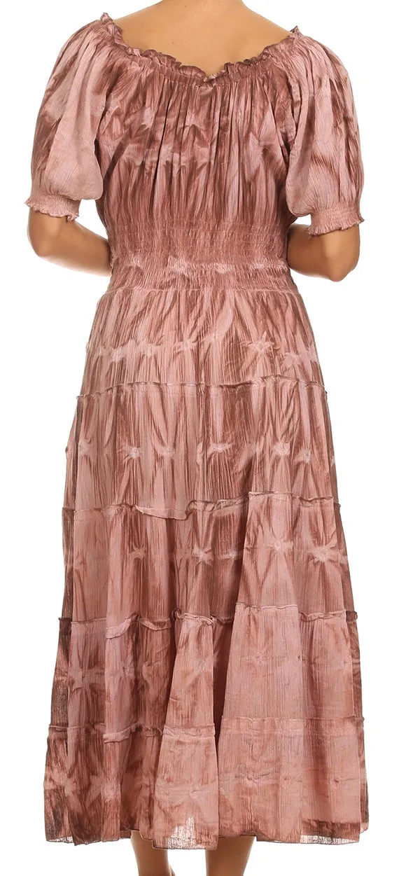 Sakkas Melissa Two Tone Dyed Tiered Smocked Waist Long Dress With Short Sleeves