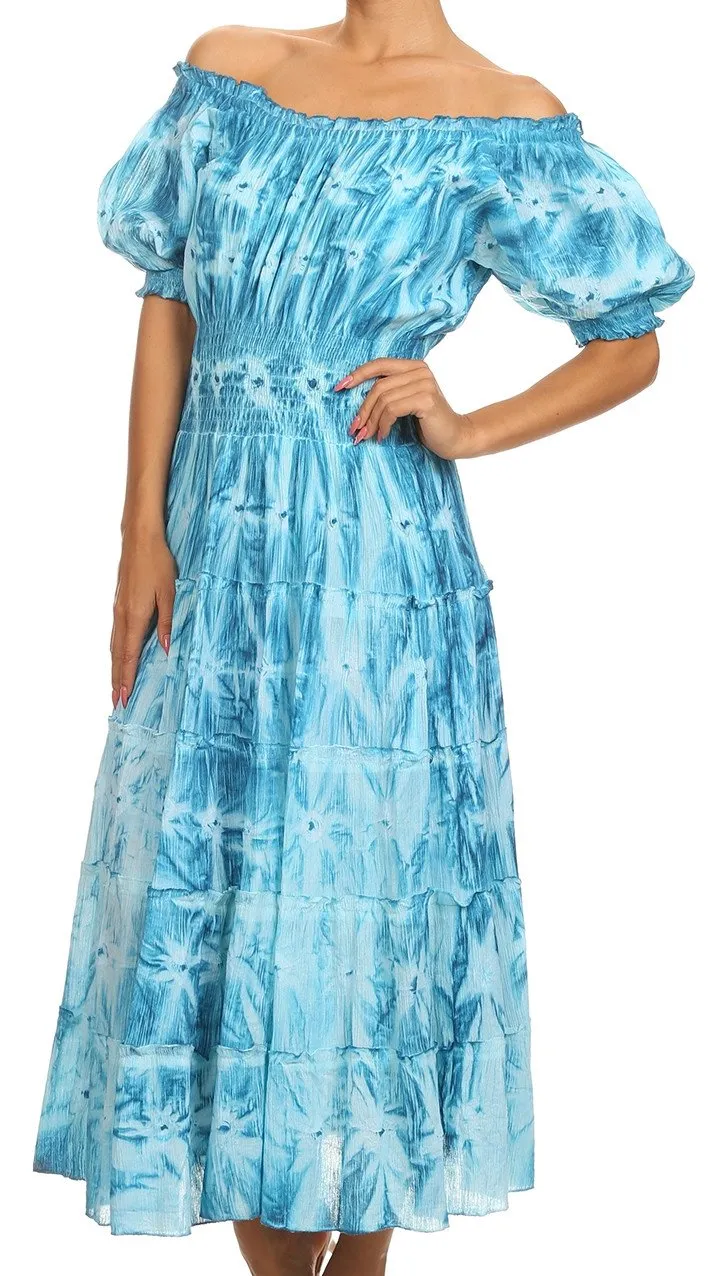 Sakkas Melissa Two Tone Dyed Tiered Smocked Waist Long Dress With Short Sleeves