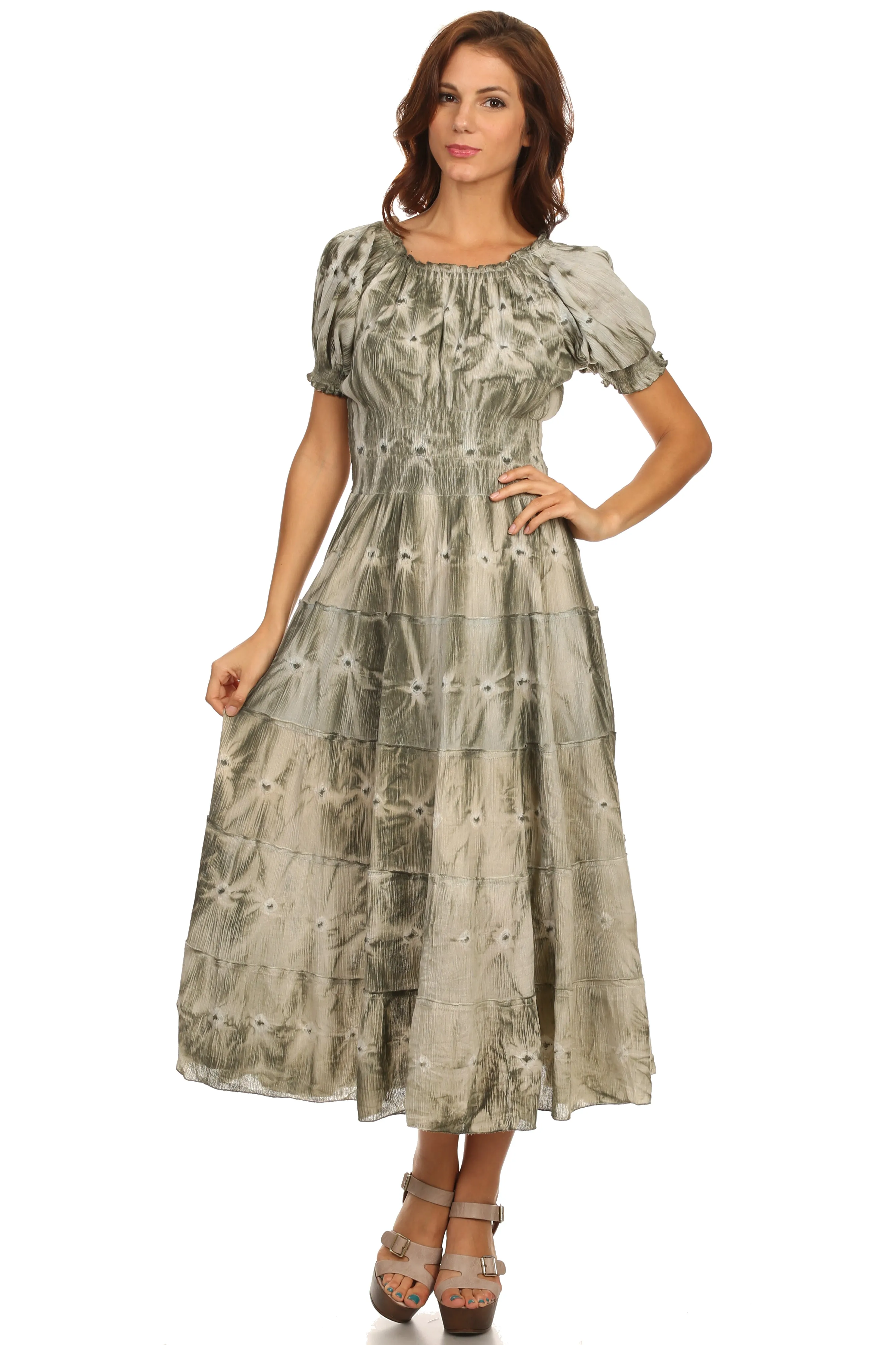 Sakkas Melissa Two Tone Dyed Tiered Smocked Waist Long Dress With Short Sleeves