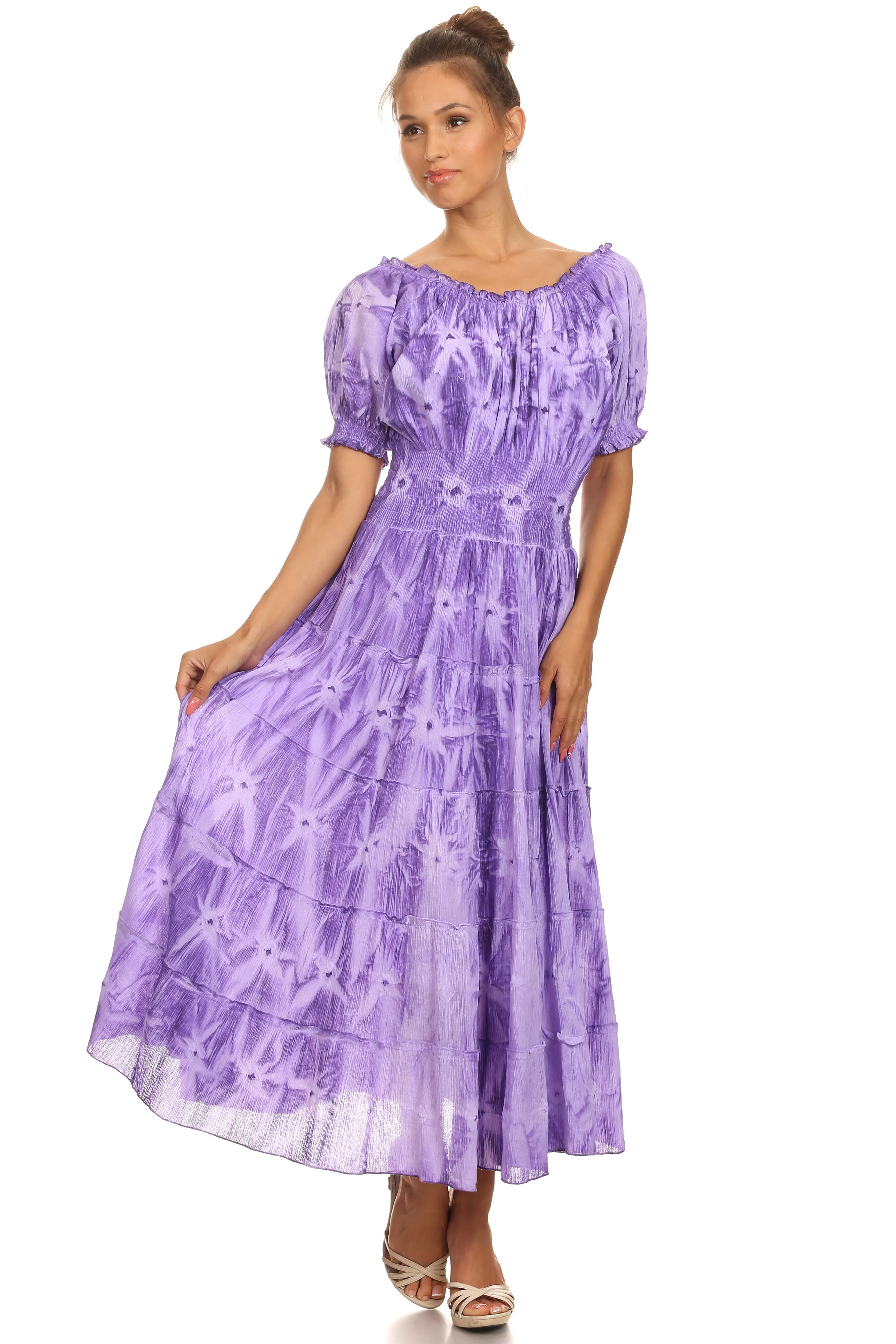 Sakkas Melissa Two Tone Dyed Tiered Smocked Waist Long Dress With Short Sleeves