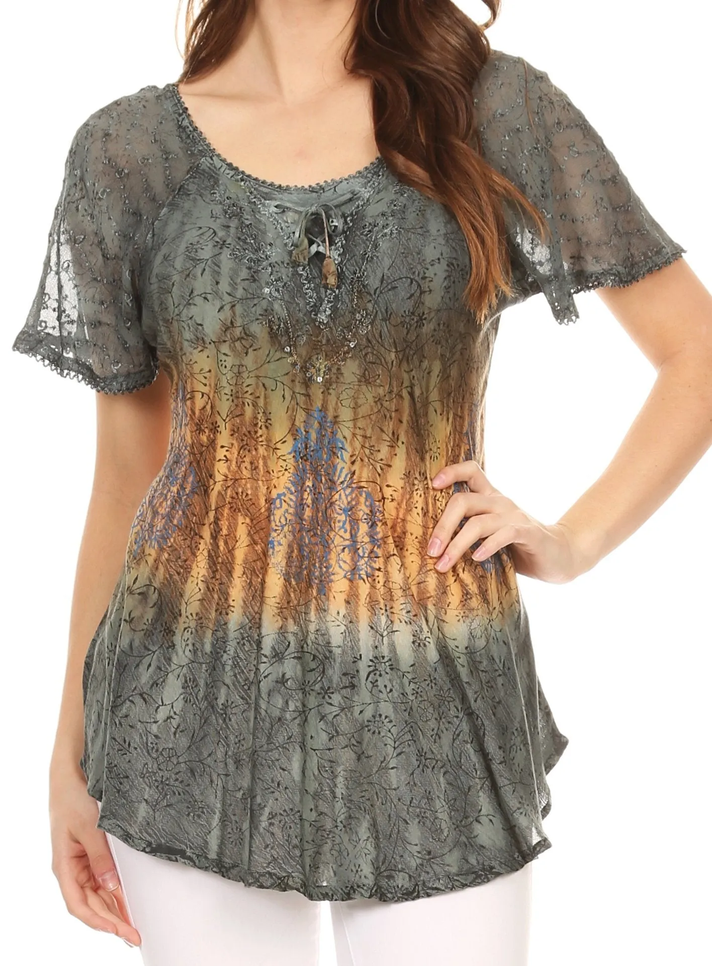 Sakkas Nayen Tie-Dye Sheer Cap Sleeve Embellished Relaxed Fit Drawstring Tunic Top