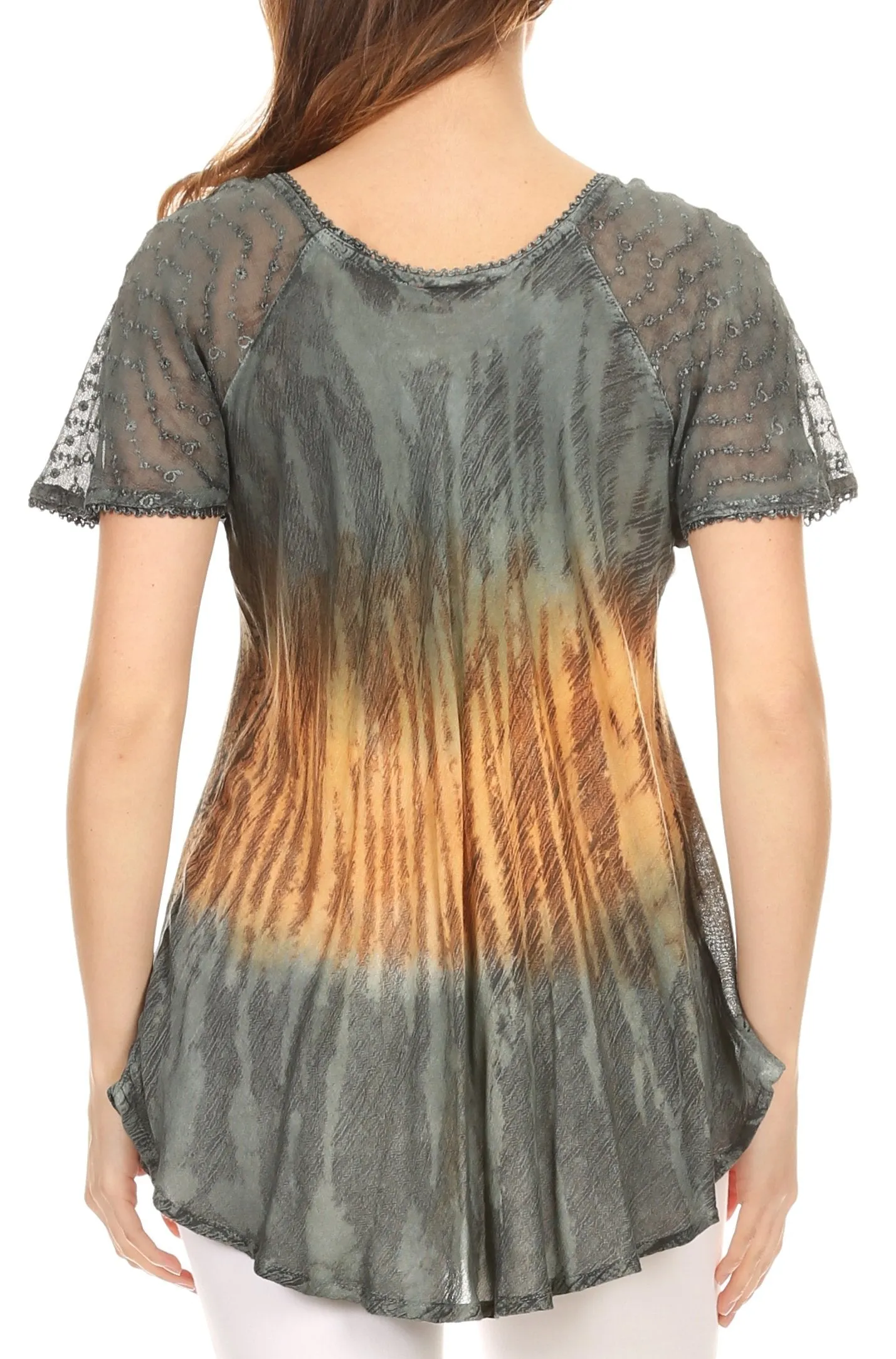 Sakkas Nayen Tie-Dye Sheer Cap Sleeve Embellished Relaxed Fit Drawstring Tunic Top