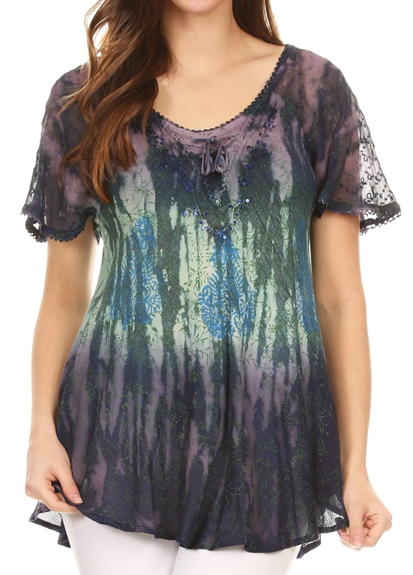 Sakkas Nayen Tie-Dye Sheer Cap Sleeve Embellished Relaxed Fit Drawstring Tunic Top