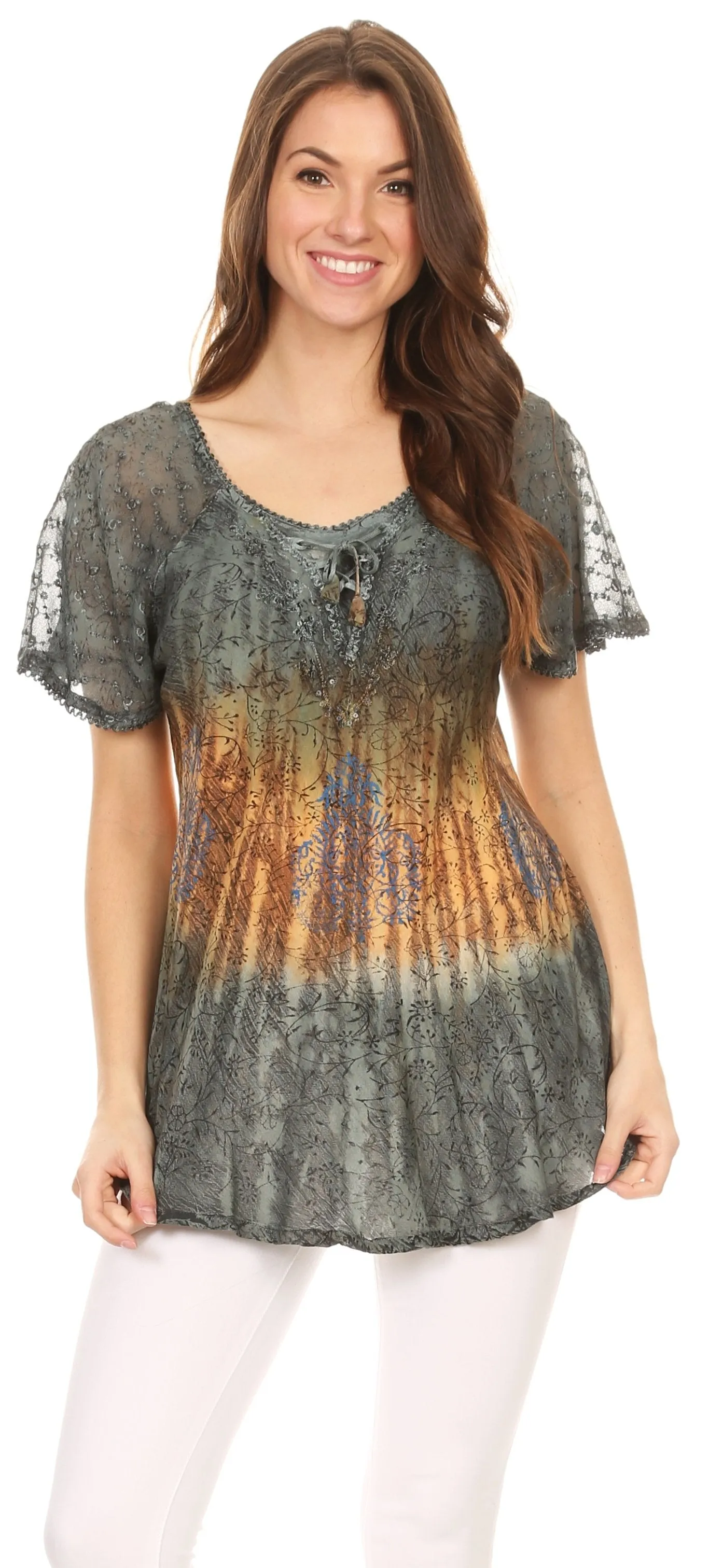 Sakkas Nayen Tie-Dye Sheer Cap Sleeve Embellished Relaxed Fit Drawstring Tunic Top