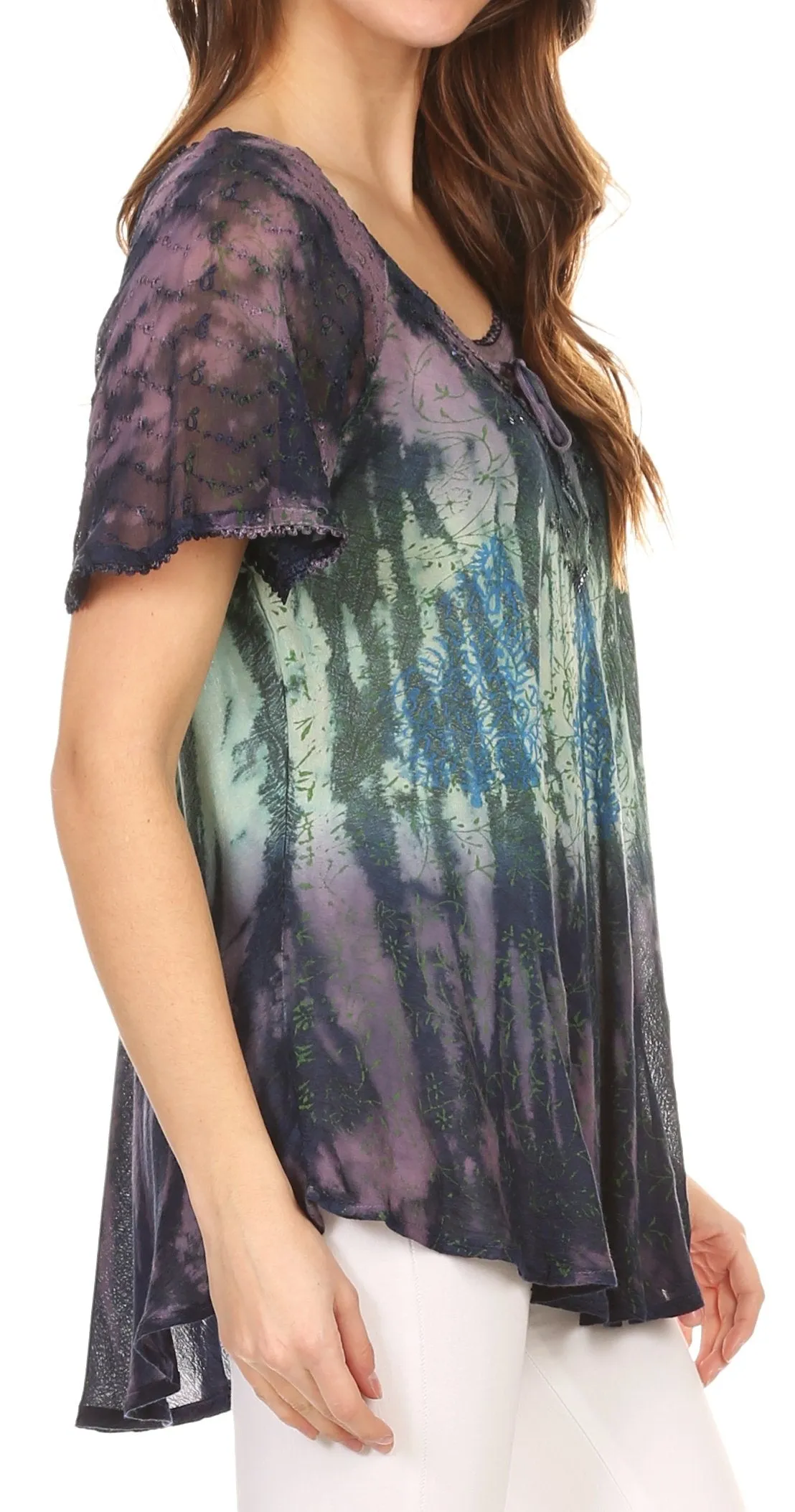 Sakkas Nayen Tie-Dye Sheer Cap Sleeve Embellished Relaxed Fit Drawstring Tunic Top