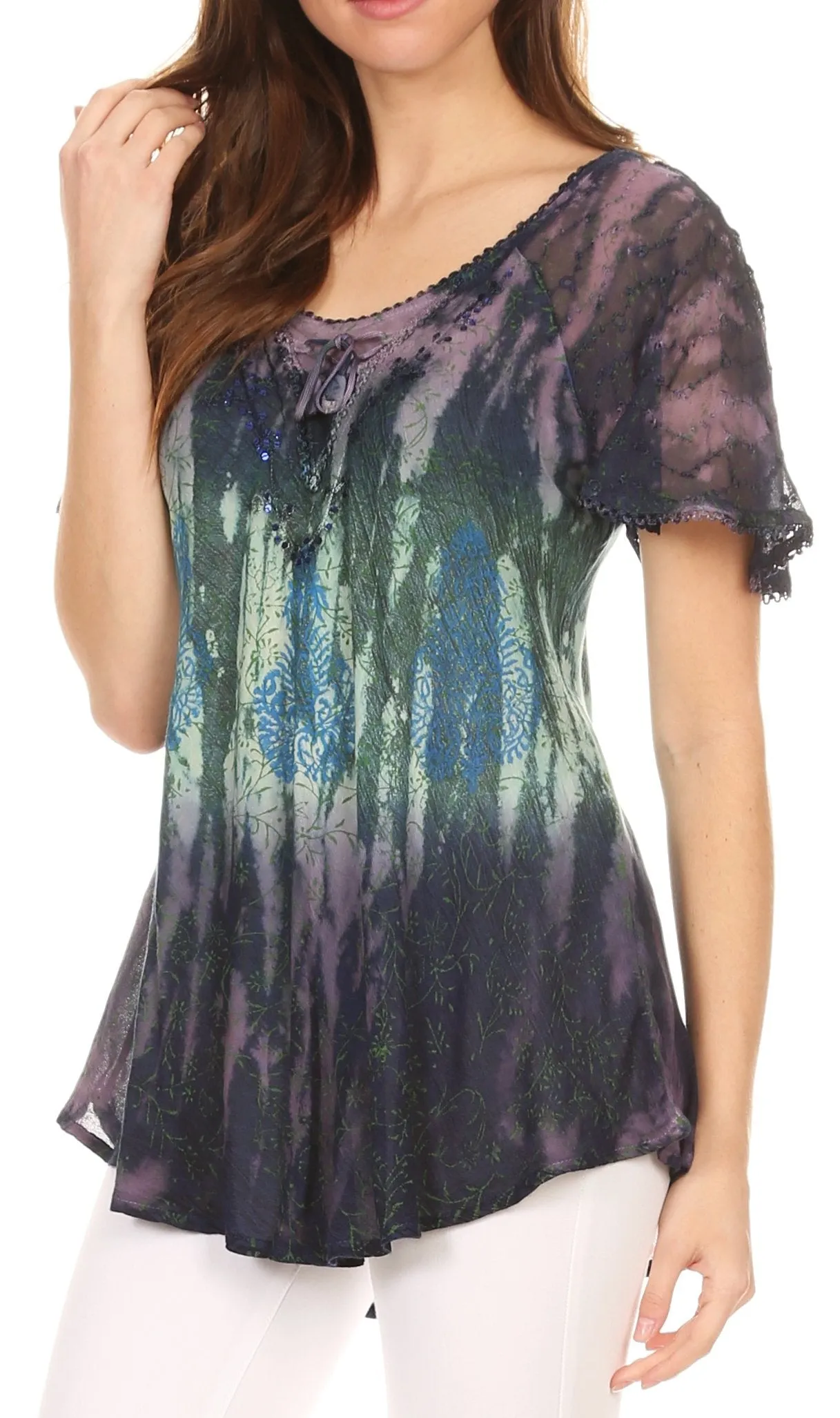 Sakkas Nayen Tie-Dye Sheer Cap Sleeve Embellished Relaxed Fit Drawstring Tunic Top