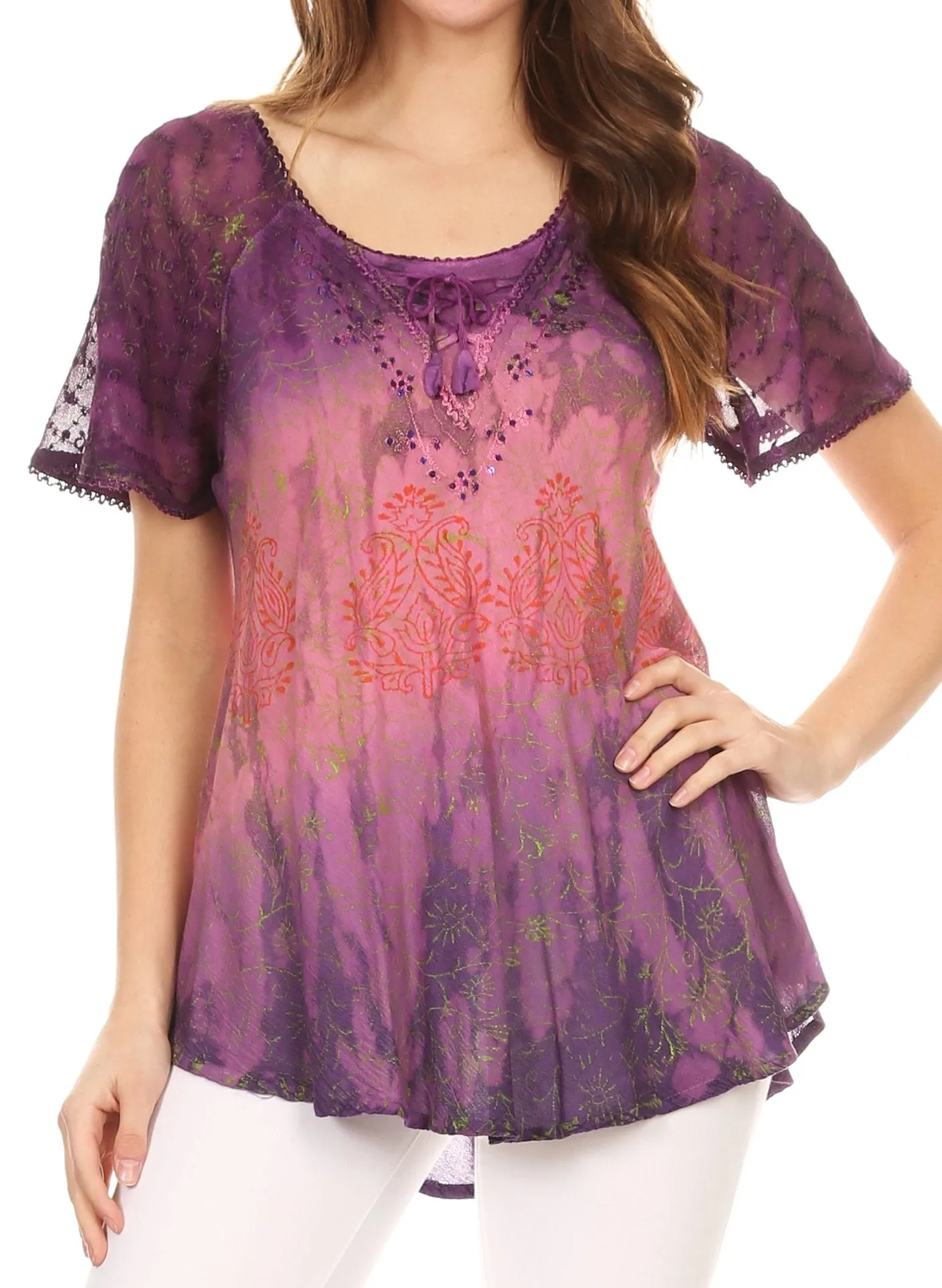 Sakkas Nayen Tie-Dye Sheer Cap Sleeve Embellished Relaxed Fit Drawstring Tunic Top