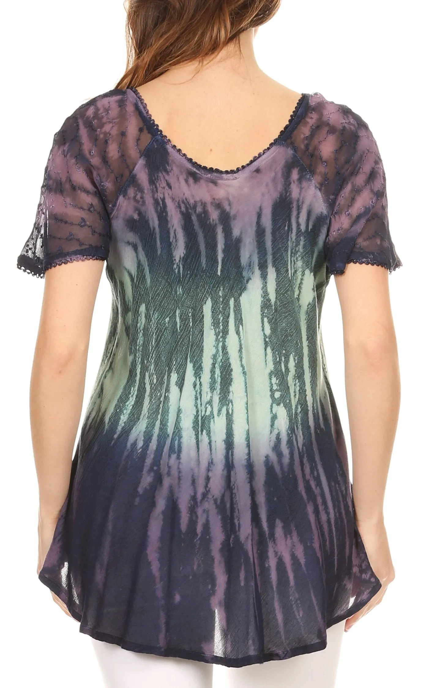 Sakkas Nayen Tie-Dye Sheer Cap Sleeve Embellished Relaxed Fit Drawstring Tunic Top