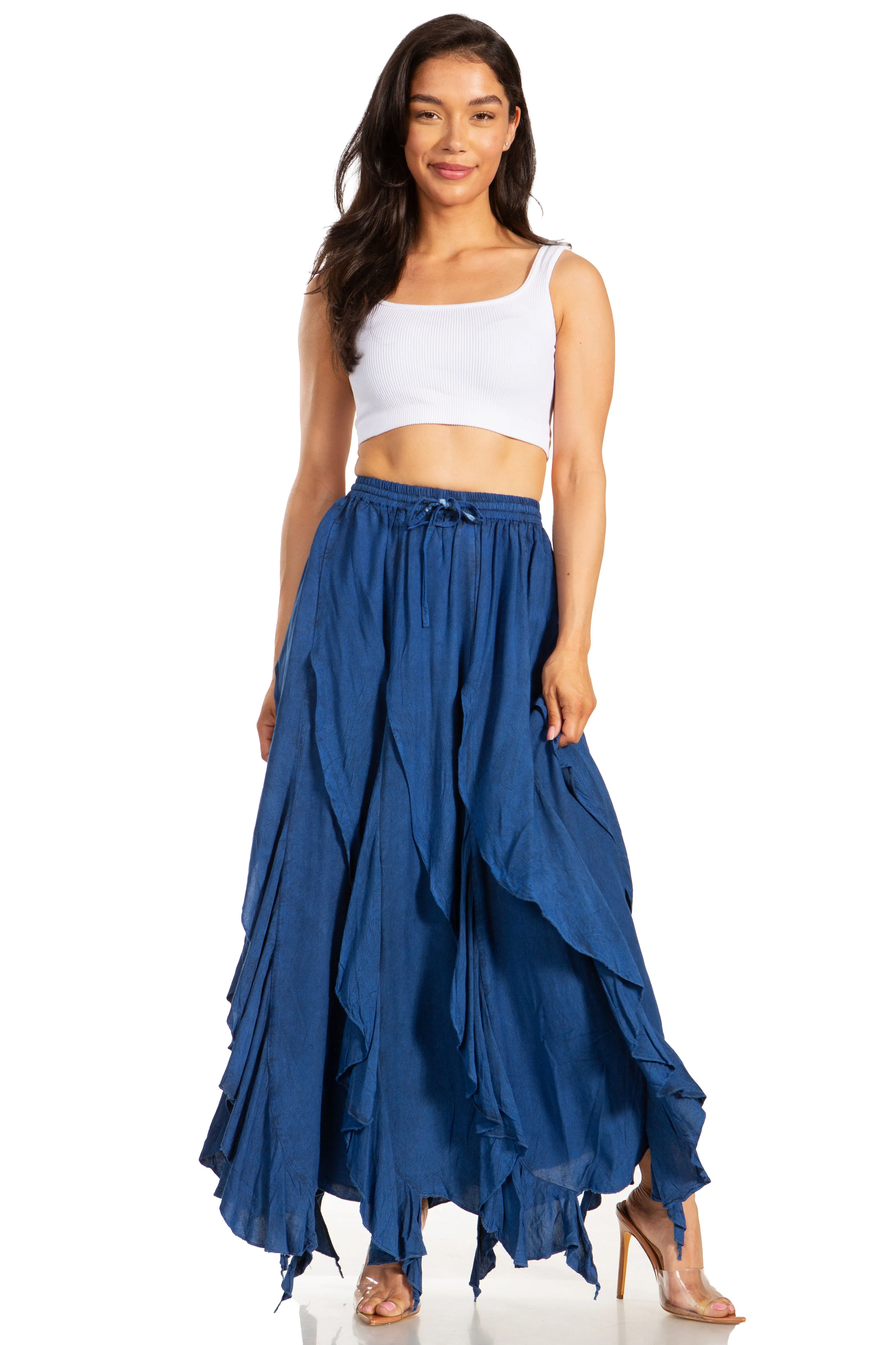 Sakkas Nova Womens Bohemian Stonewashed Rayon Asymmetrical Hem Maxi Swing Skirt