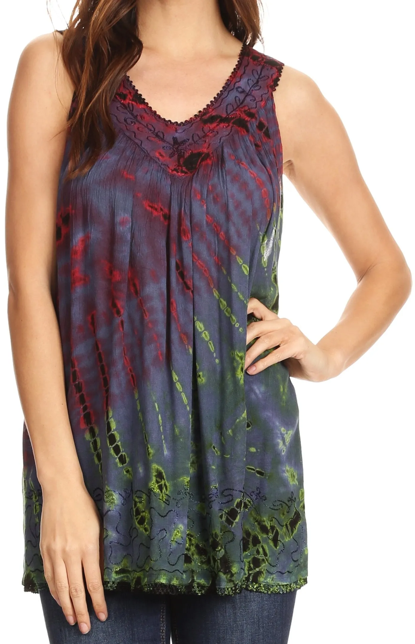 Sakkas Sana Tie Dye Sleeveless Embroidered V-Neck Tank Tunic Top Blouse / Cover Up