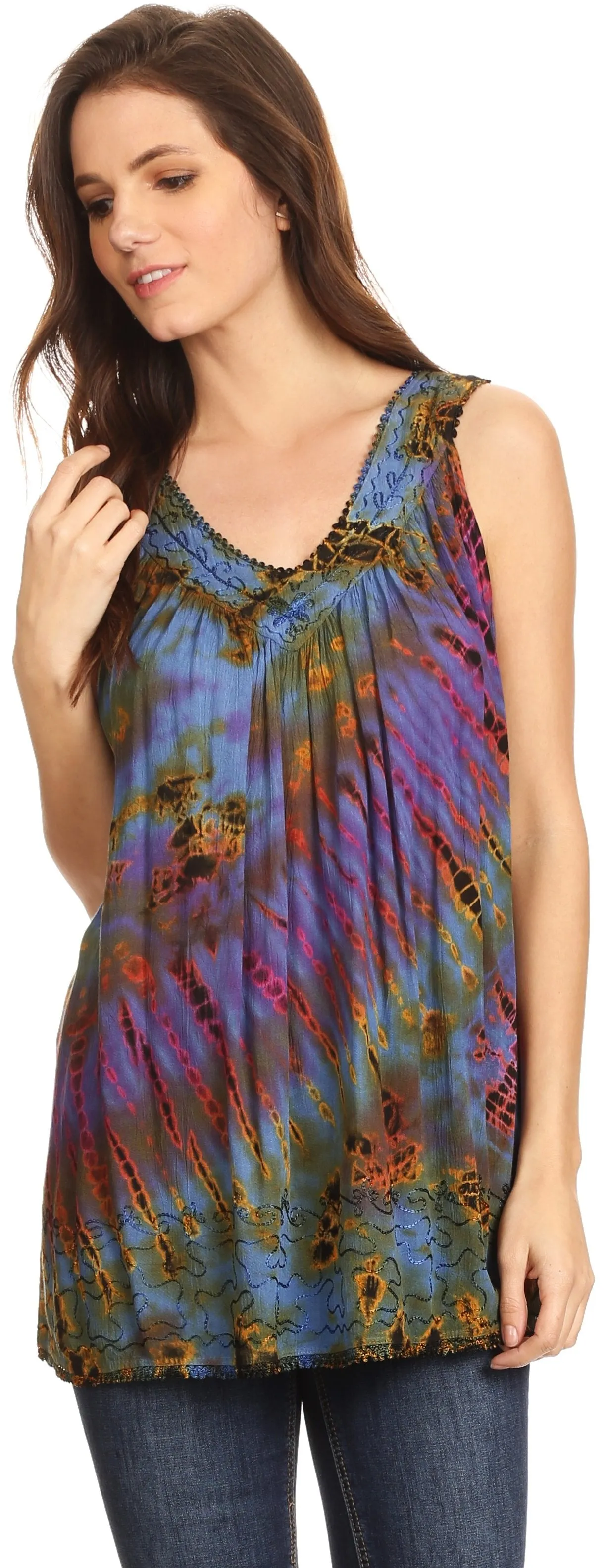 Sakkas Sana Tie Dye Sleeveless Embroidered V-Neck Tank Tunic Top Blouse / Cover Up