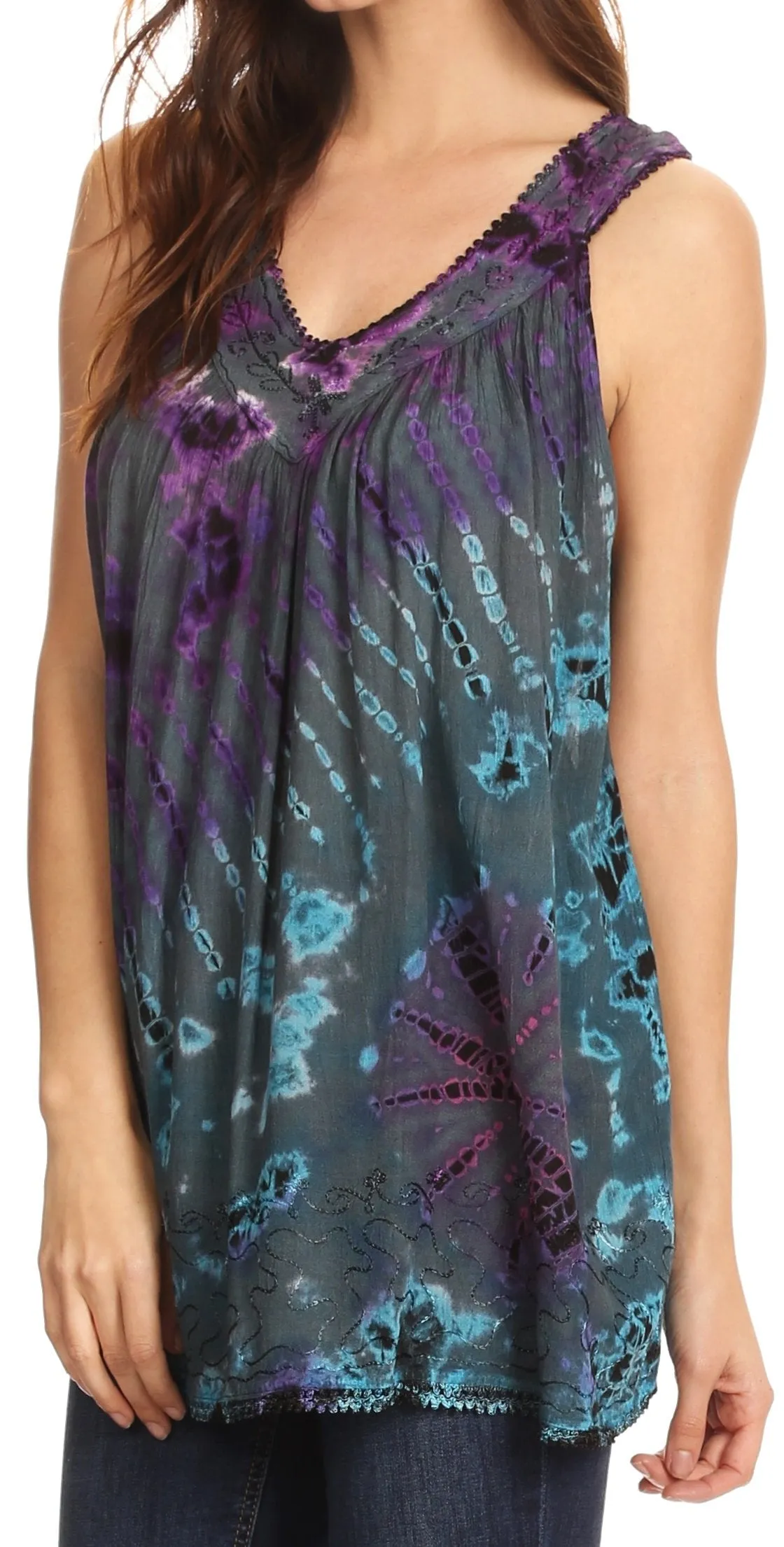 Sakkas Sana Tie Dye Sleeveless Embroidered V-Neck Tank Tunic Top Blouse / Cover Up