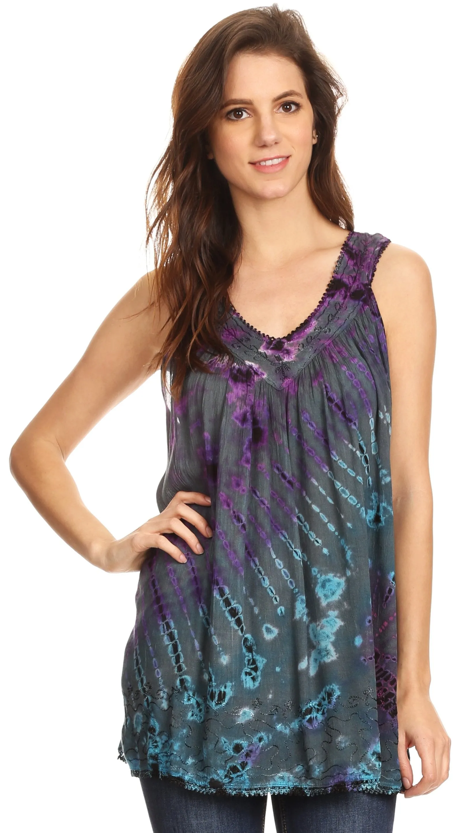 Sakkas Sana Tie Dye Sleeveless Embroidered V-Neck Tank Tunic Top Blouse / Cover Up