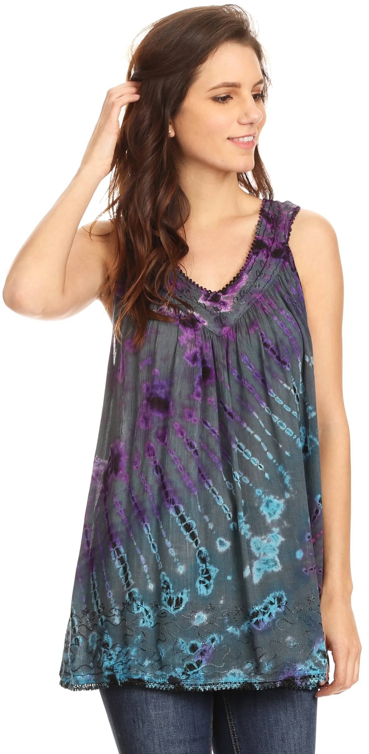 Sakkas Sana Tie Dye Sleeveless Embroidered V-Neck Tank Tunic Top Blouse / Cover Up