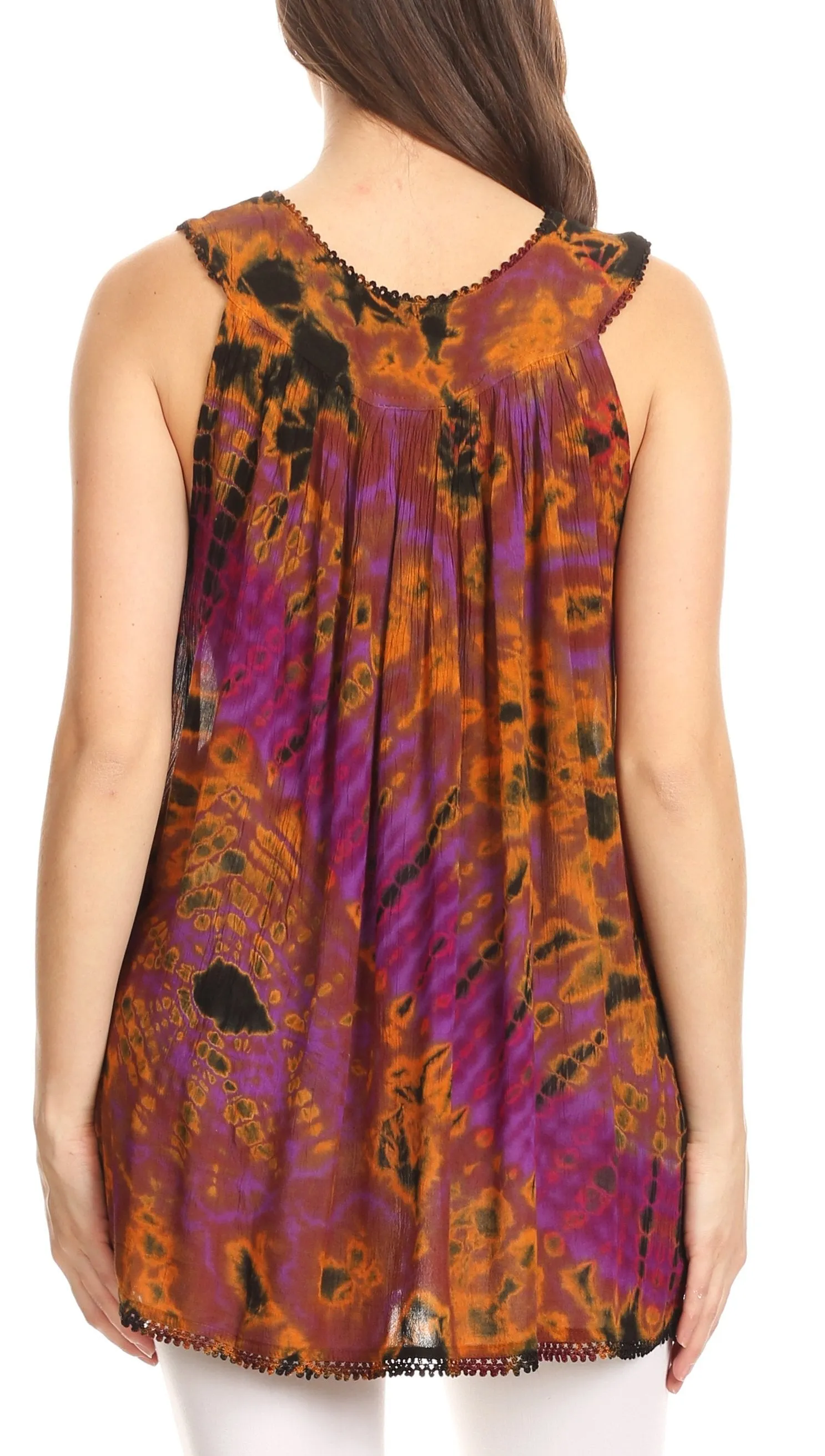 Sakkas Sana Tie Dye Sleeveless Embroidered V-Neck Tank Tunic Top Blouse / Cover Up