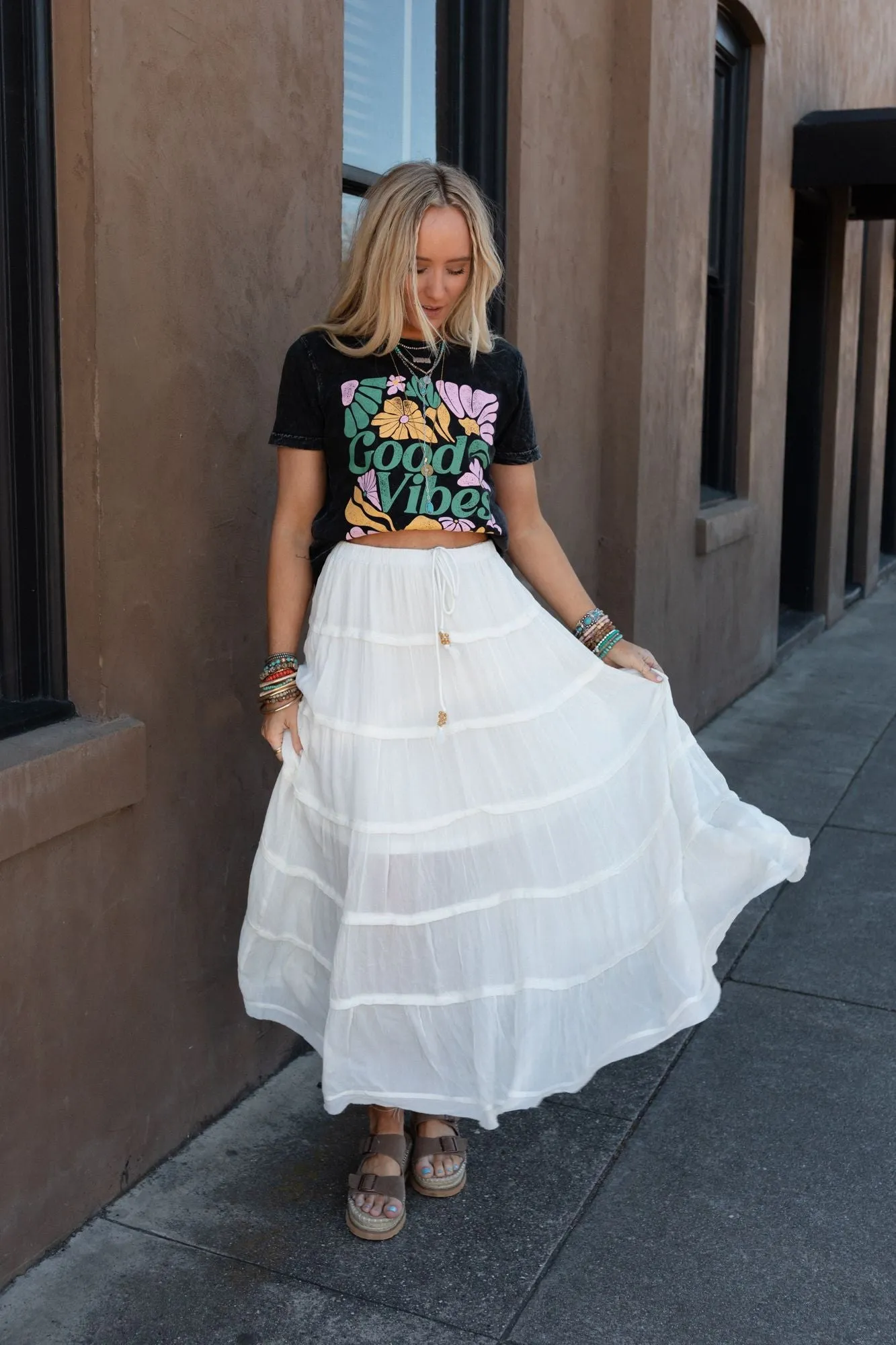 Sardinia Silky Tiered Maxi Skirt - Ivory