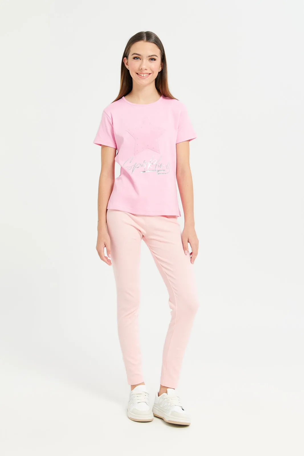 Senior Girls Pink Ribbed Leggings