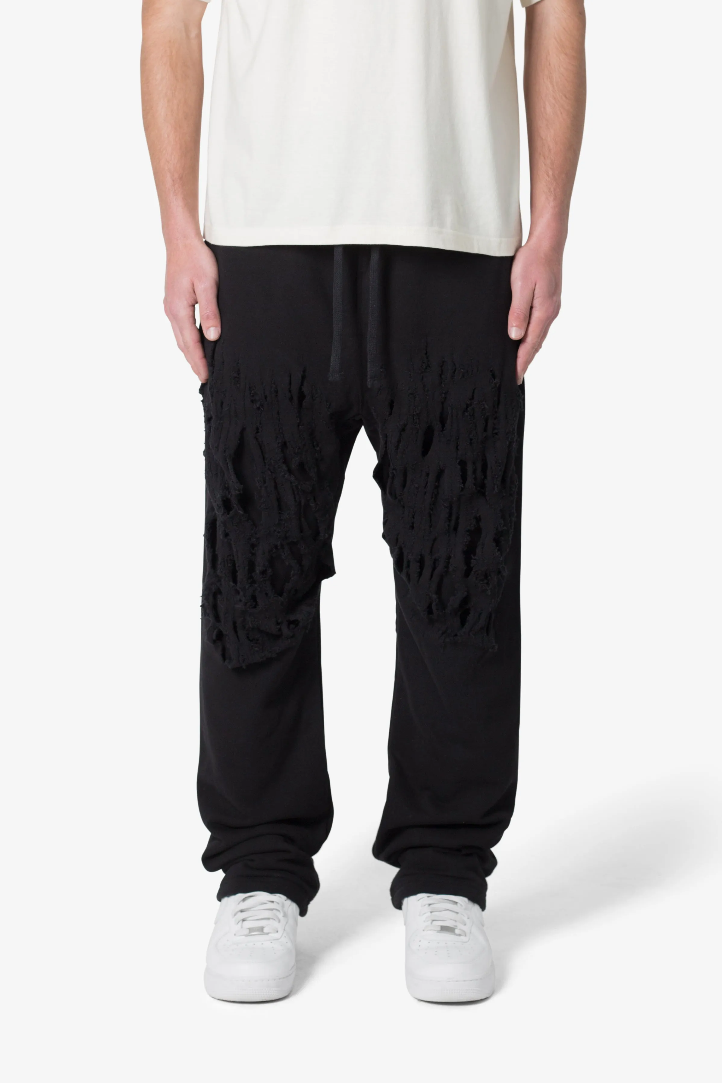 Shredded Layered Baggy Sweatpants - Black