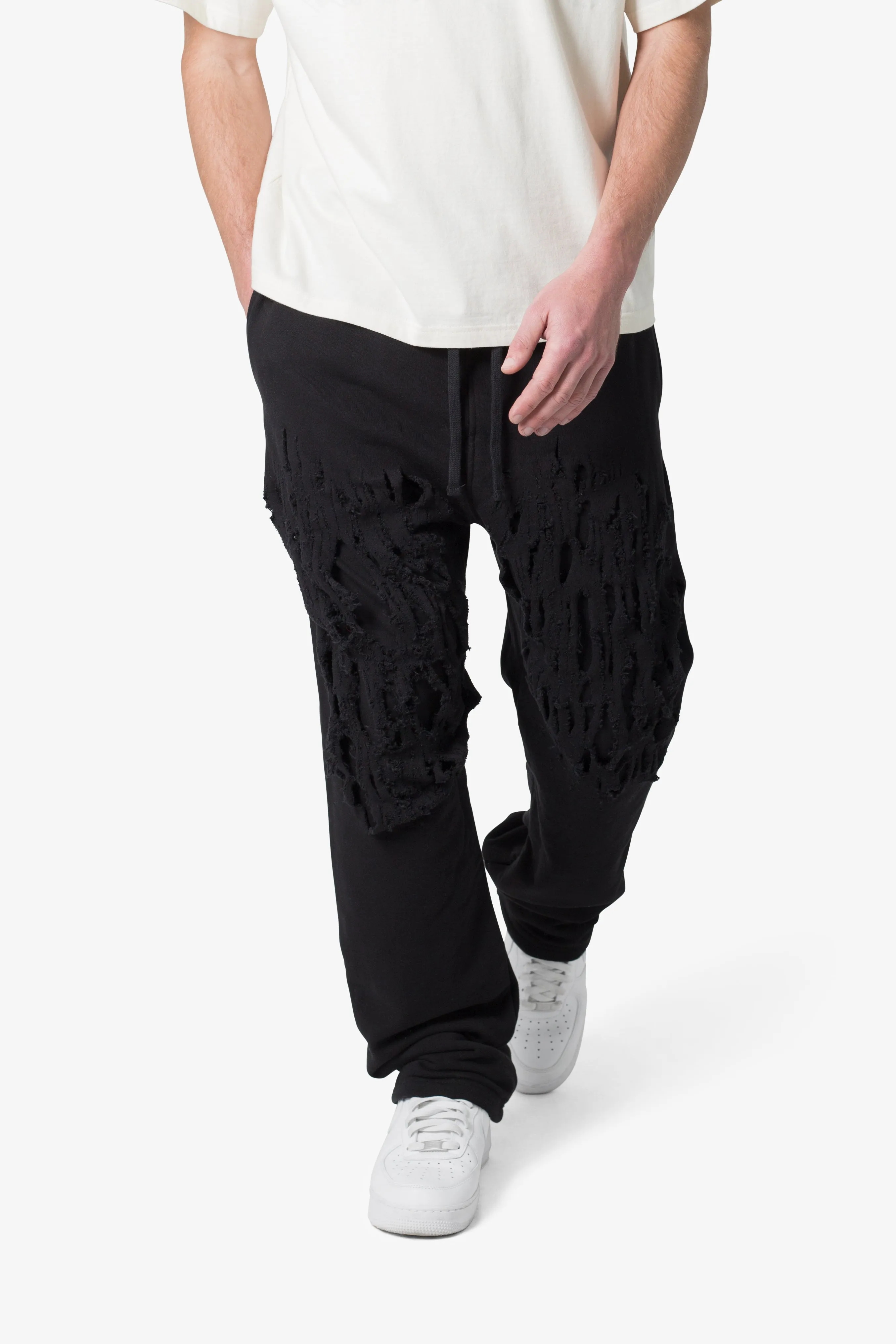 Shredded Layered Baggy Sweatpants - Black