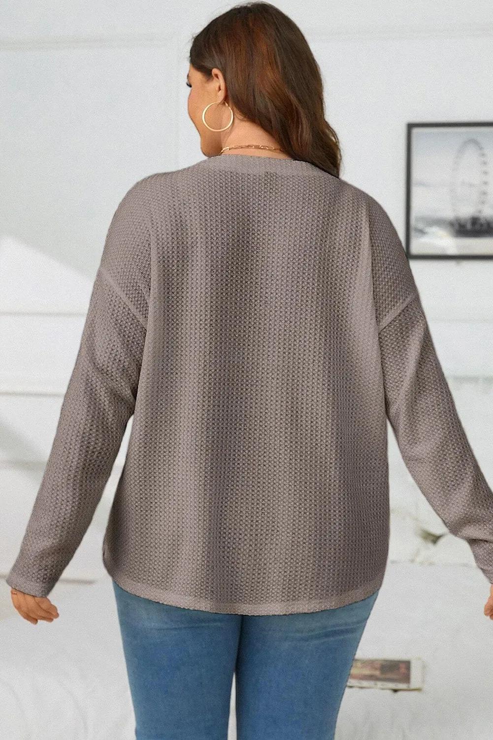 Simply Taupe Waffle Knit Drop Shoulder Button Front Plus Size Top