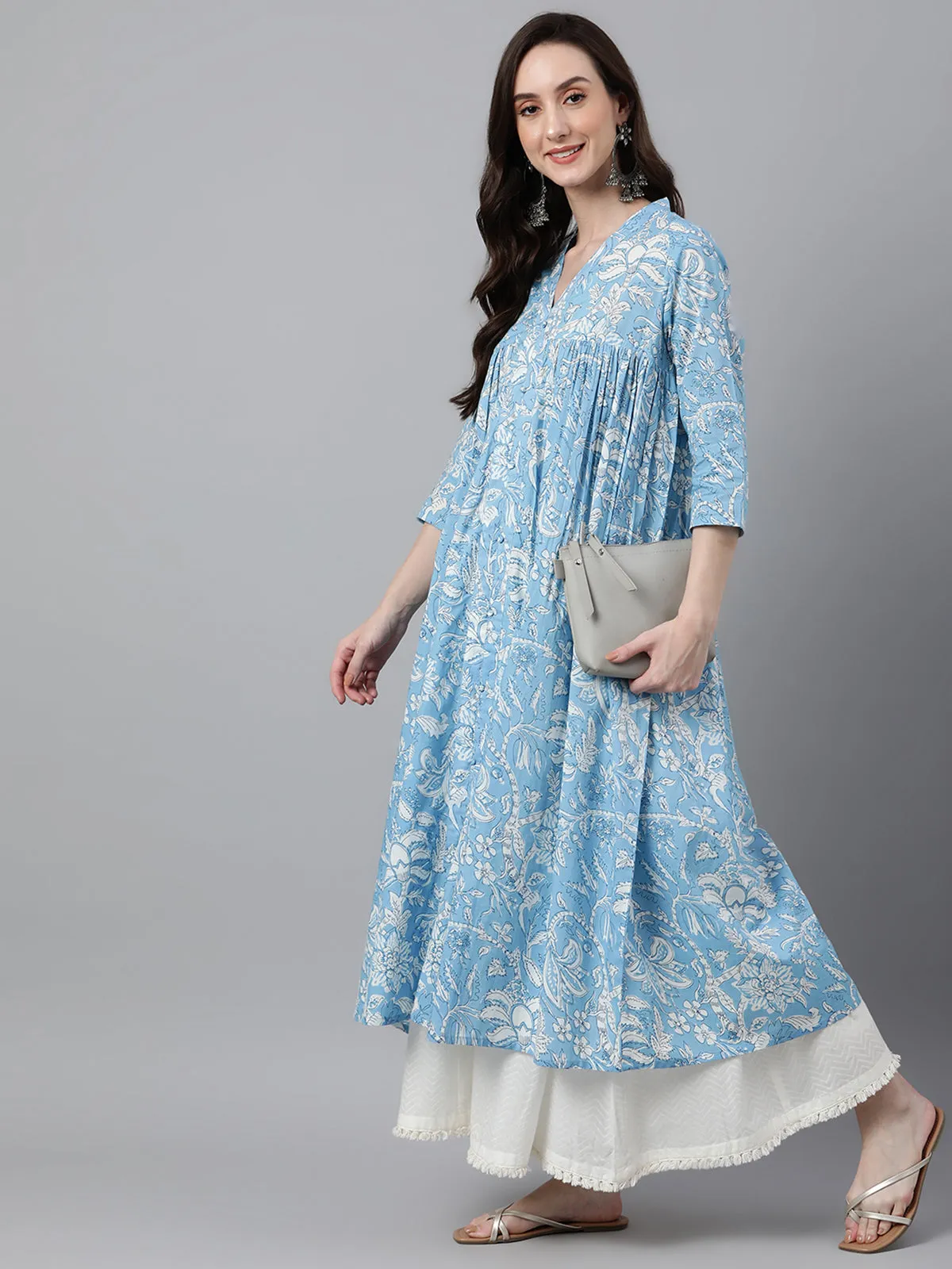 Sky Blue Cotton Floral Print Flared Kurta