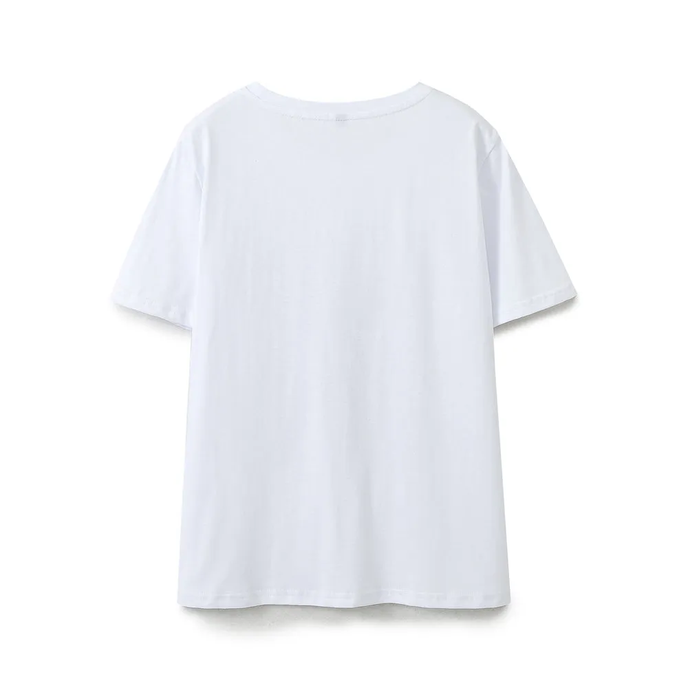 Spring Women Clothing Casual Chest Rendering Simple White T shirt