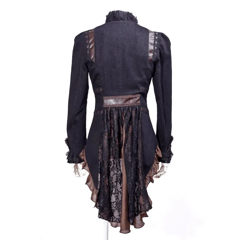 Steampunk Women's Faux Leather Lapel Lace Swallow Tailed Ruffle Coat