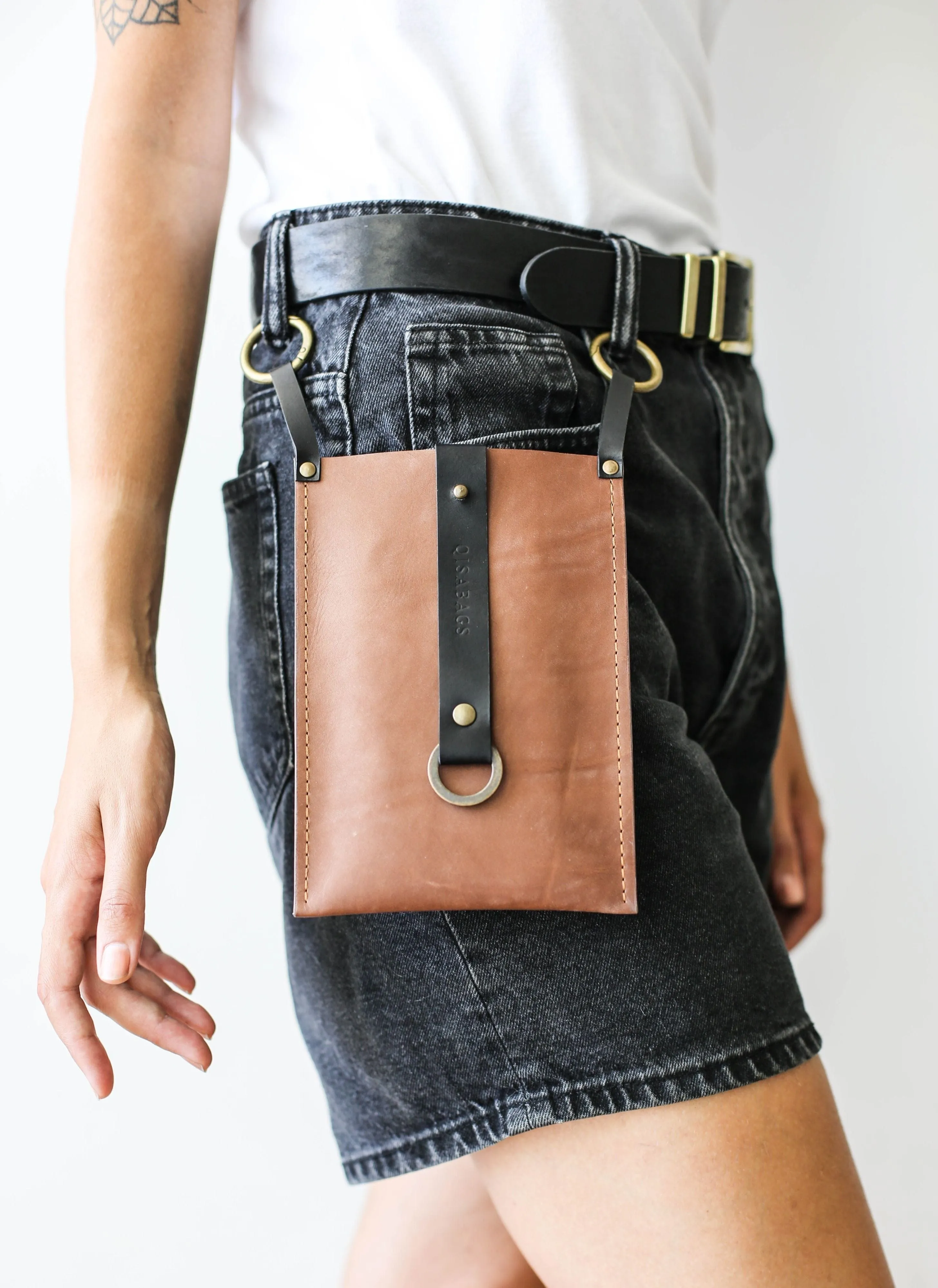 Taupe w/Black Leather Phone Bag