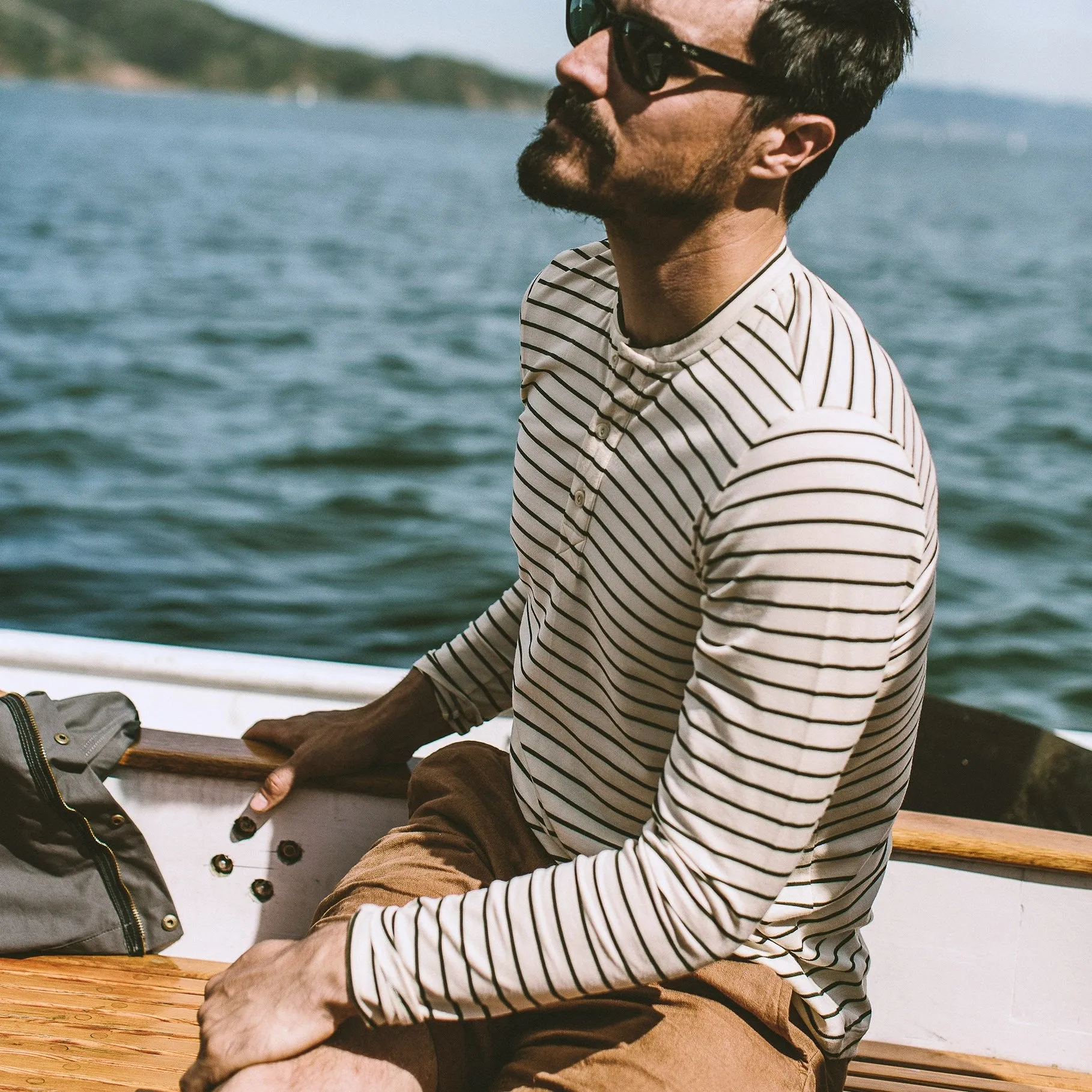 The Mercerized Merino Henley in Forest Stripe