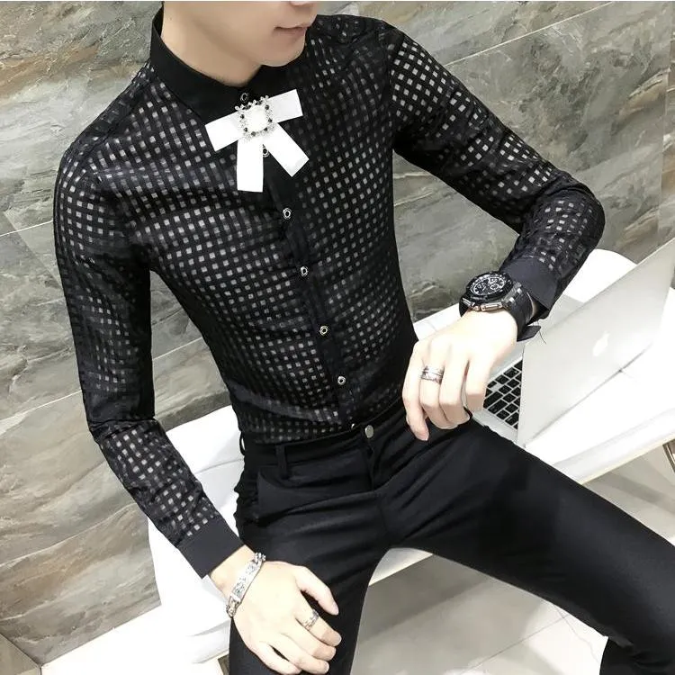 Top Button Ribbon Brooch Detail Men Small Square Transparent Slim Git Shirt