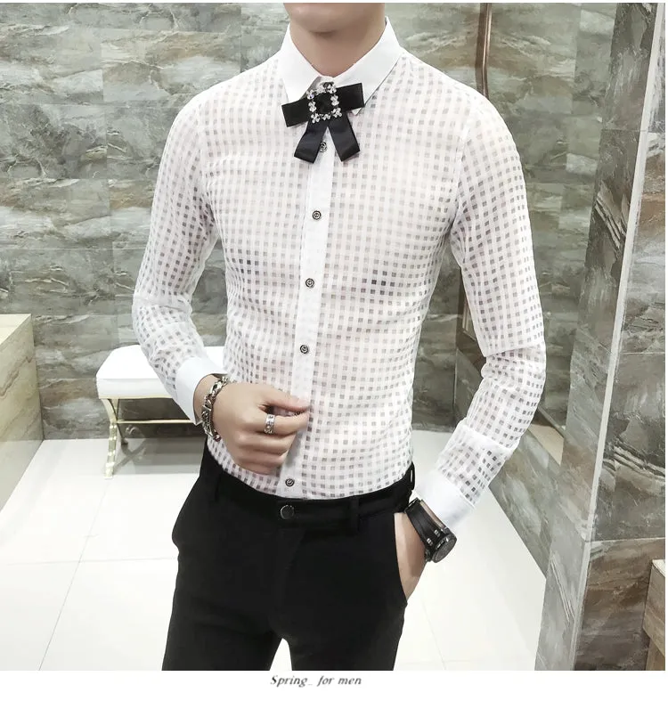 Top Button Ribbon Brooch Detail Men Small Square Transparent Slim Git Shirt