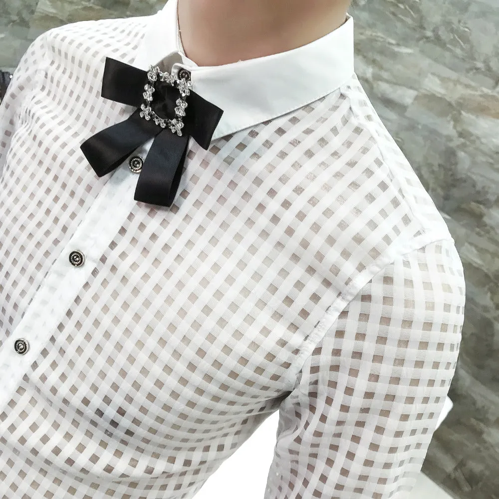 Top Button Ribbon Brooch Detail Men Small Square Transparent Slim Git Shirt