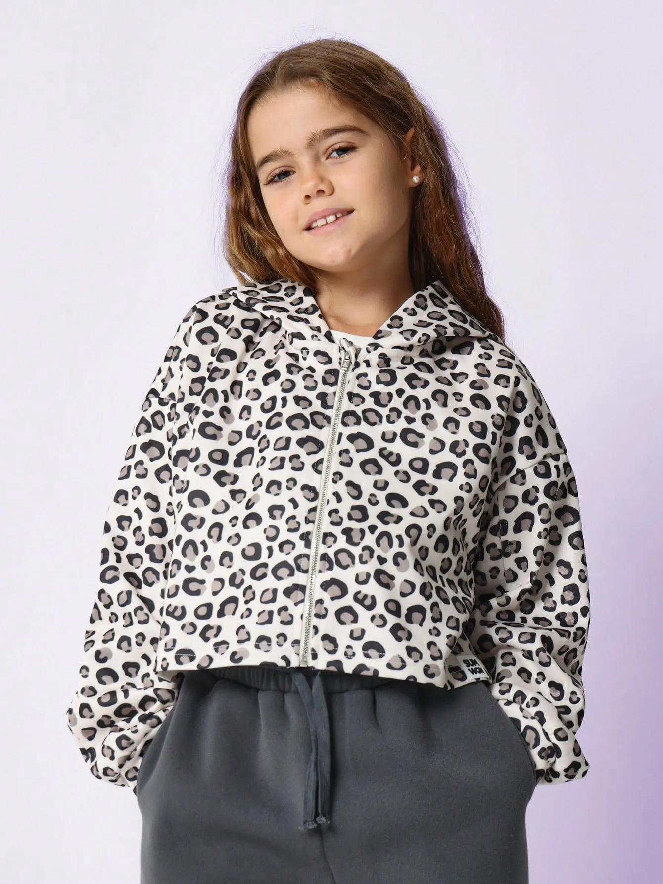 Tween Girls Comfy Crop Zip Through Animal Print Hoodie & Wide Leg Sweatpants 2 Piece Set