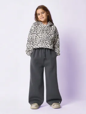 Tween Girls Comfy Crop Zip Through Animal Print Hoodie & Wide Leg Sweatpants 2 Piece Set