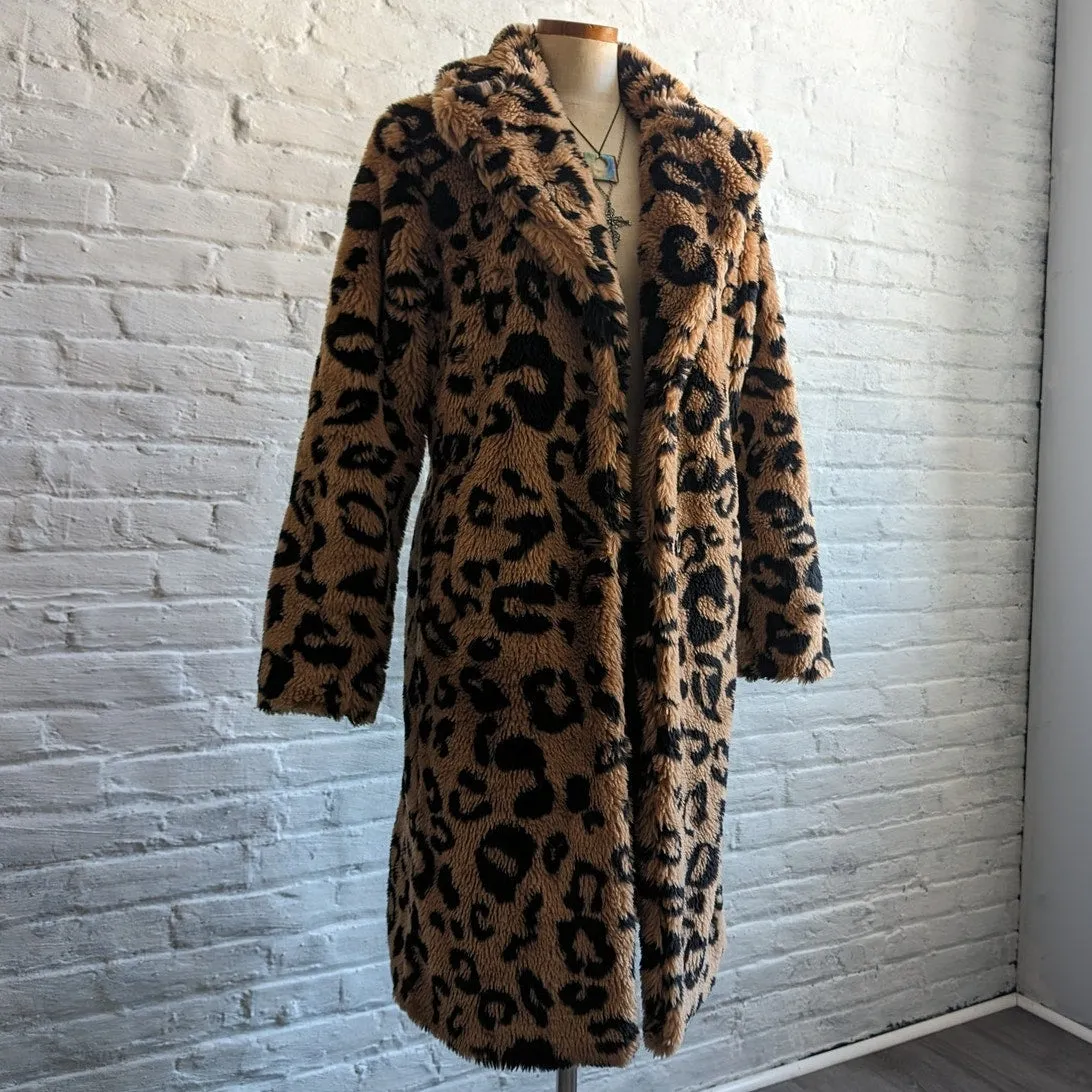 Urban Outfitters Leopard Print Faux Fur Trench Coat Shaggy Groovy Retro Jacket