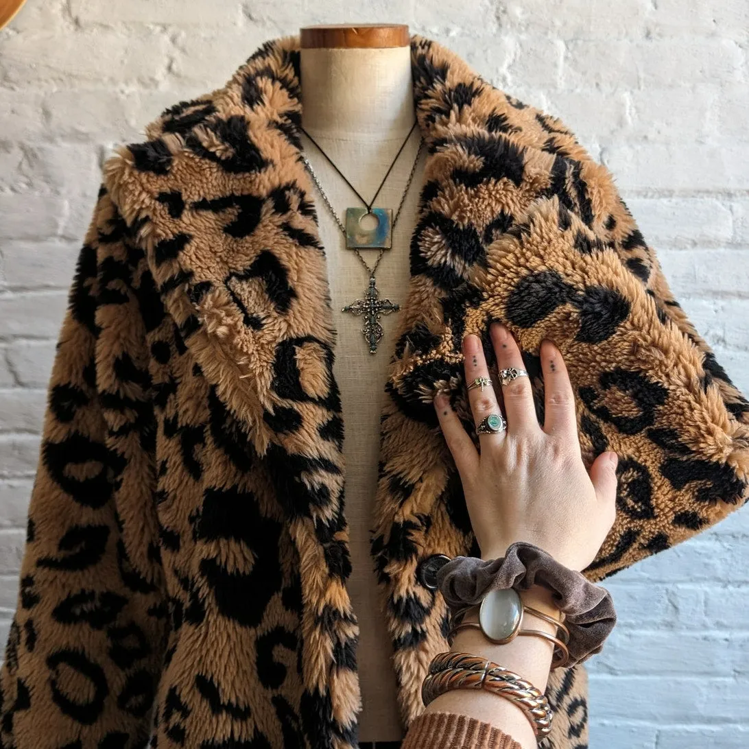 Urban Outfitters Leopard Print Faux Fur Trench Coat Shaggy Groovy Retro Jacket