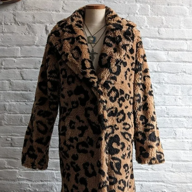 Urban Outfitters Leopard Print Faux Fur Trench Coat Shaggy Groovy Retro Jacket