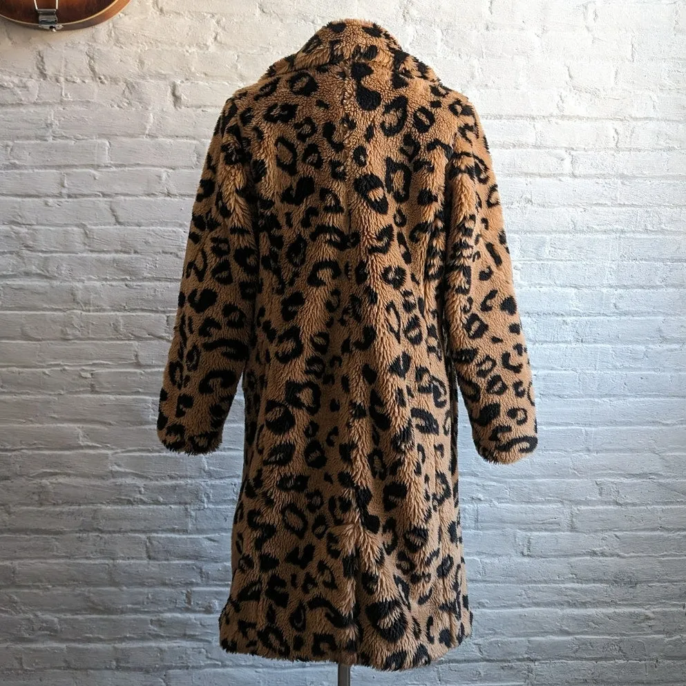 Urban Outfitters Leopard Print Faux Fur Trench Coat Shaggy Groovy Retro Jacket