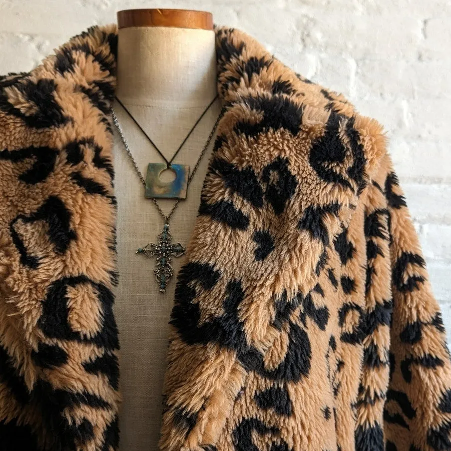 Urban Outfitters Leopard Print Faux Fur Trench Coat Shaggy Groovy Retro Jacket