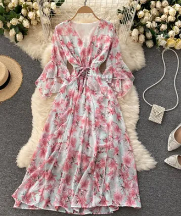 Vintage Boho Floral Dress, Romantic Bohemian Summer Dress For Women