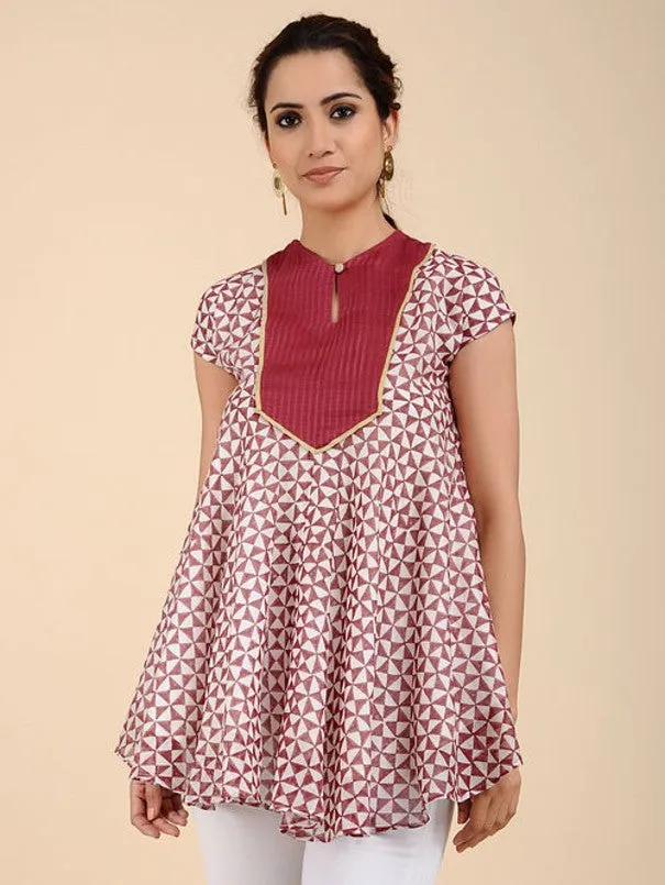 White & Red Chanderi Block Print Top