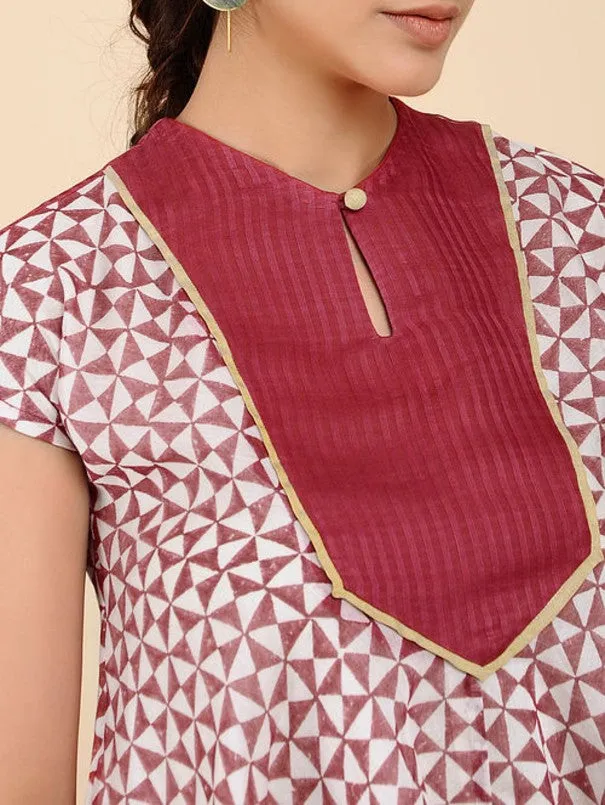 White & Red Chanderi Block Print Top