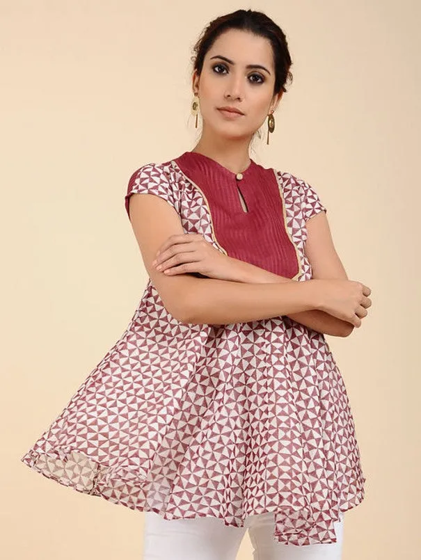 White & Red Chanderi Block Print Top