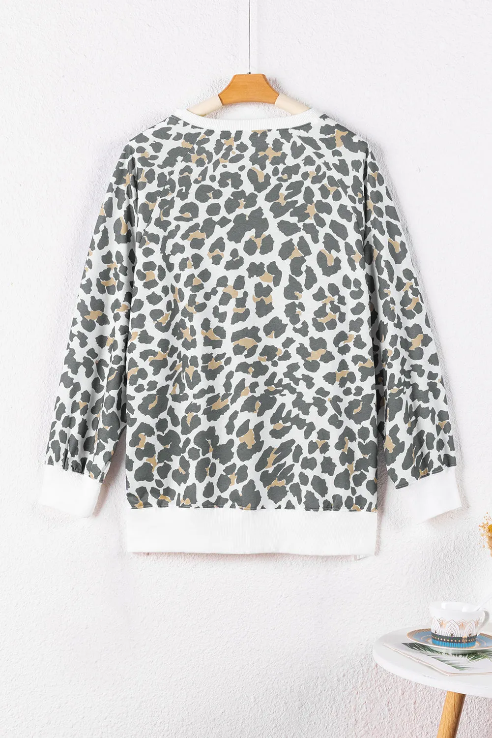 White Printed Solid Trim Leopard Print Top