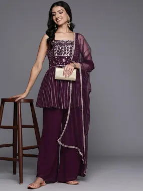 Wine Embroidered Georgette A-Line Kurti With Palazzos & Dupatta